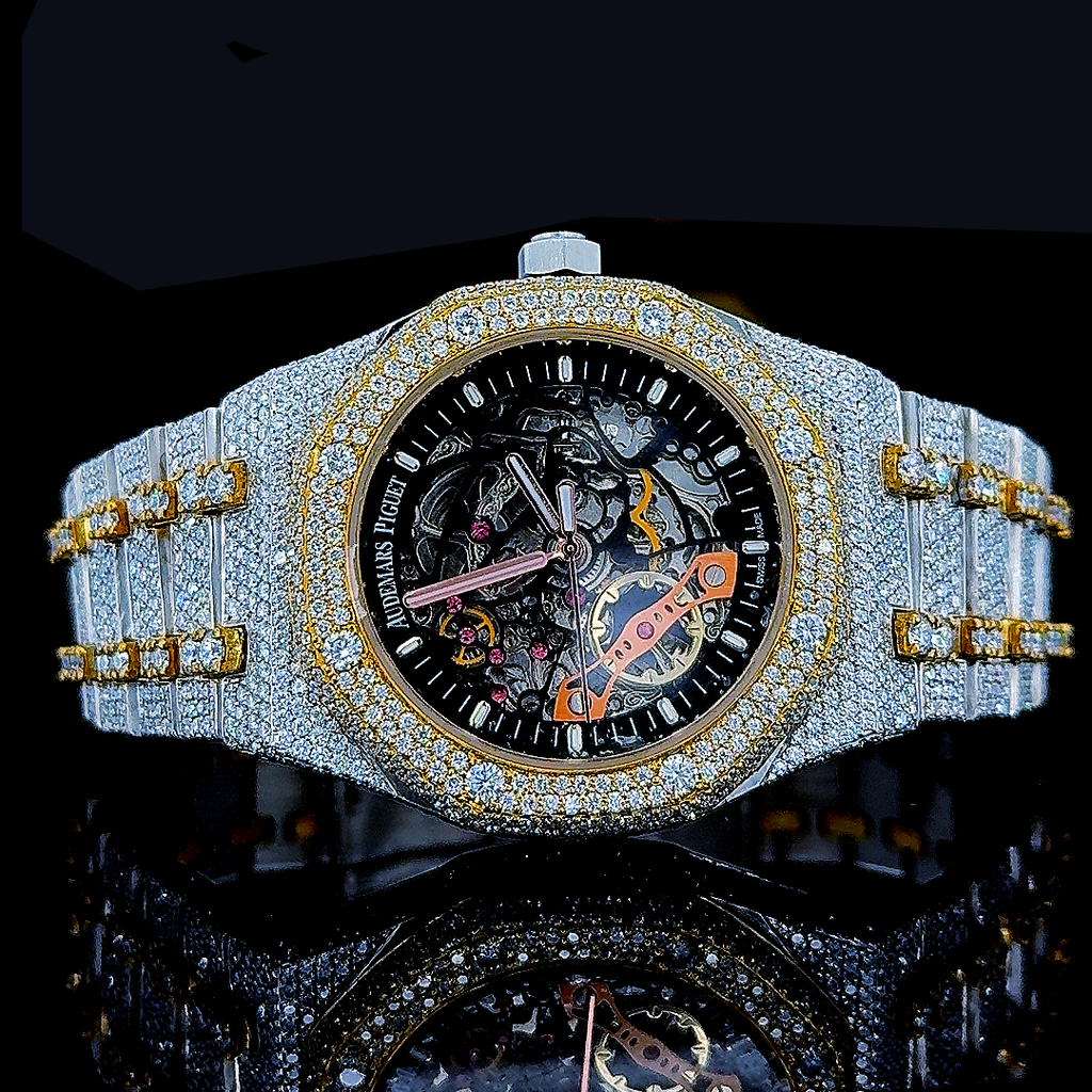 Skeleton Dial Two Tone Iced Out Moissanite Diamond Watch