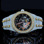 Skeleton Dial Two Tone Iced Out Moissanite Diamond Watch