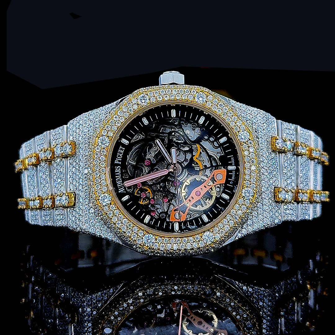 Skeleton Dial Two Tone Iced Out Moissanite Diamond Watch