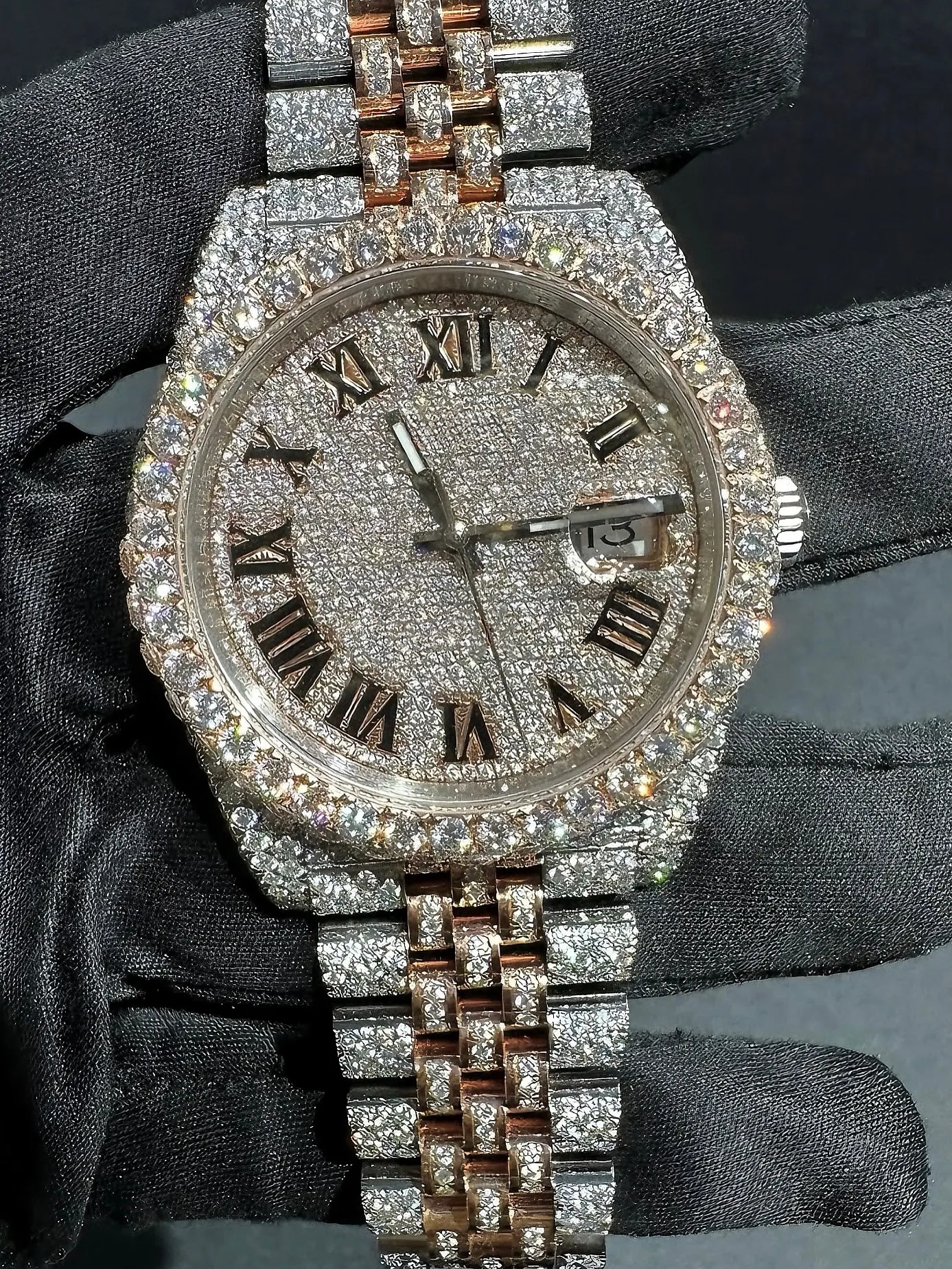 Luxury Overgild Rainbow Gemstone Bezel Chronograph Zircon Diamond Watch
