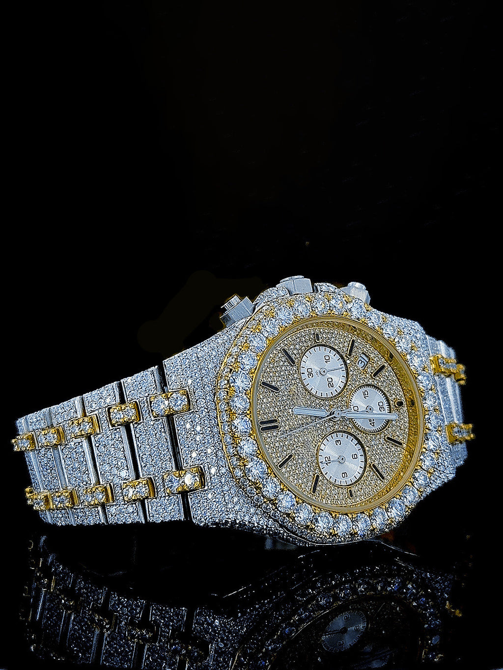Two Tone Yellow Overgild Iced Out Chronograph Moissanite Diamond Watch