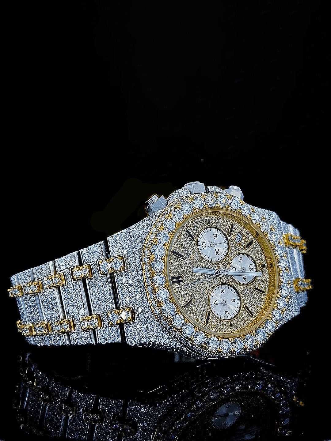 Two Tone Yellow Overgild Iced Out Chronograph Moissanite Diamond Watch