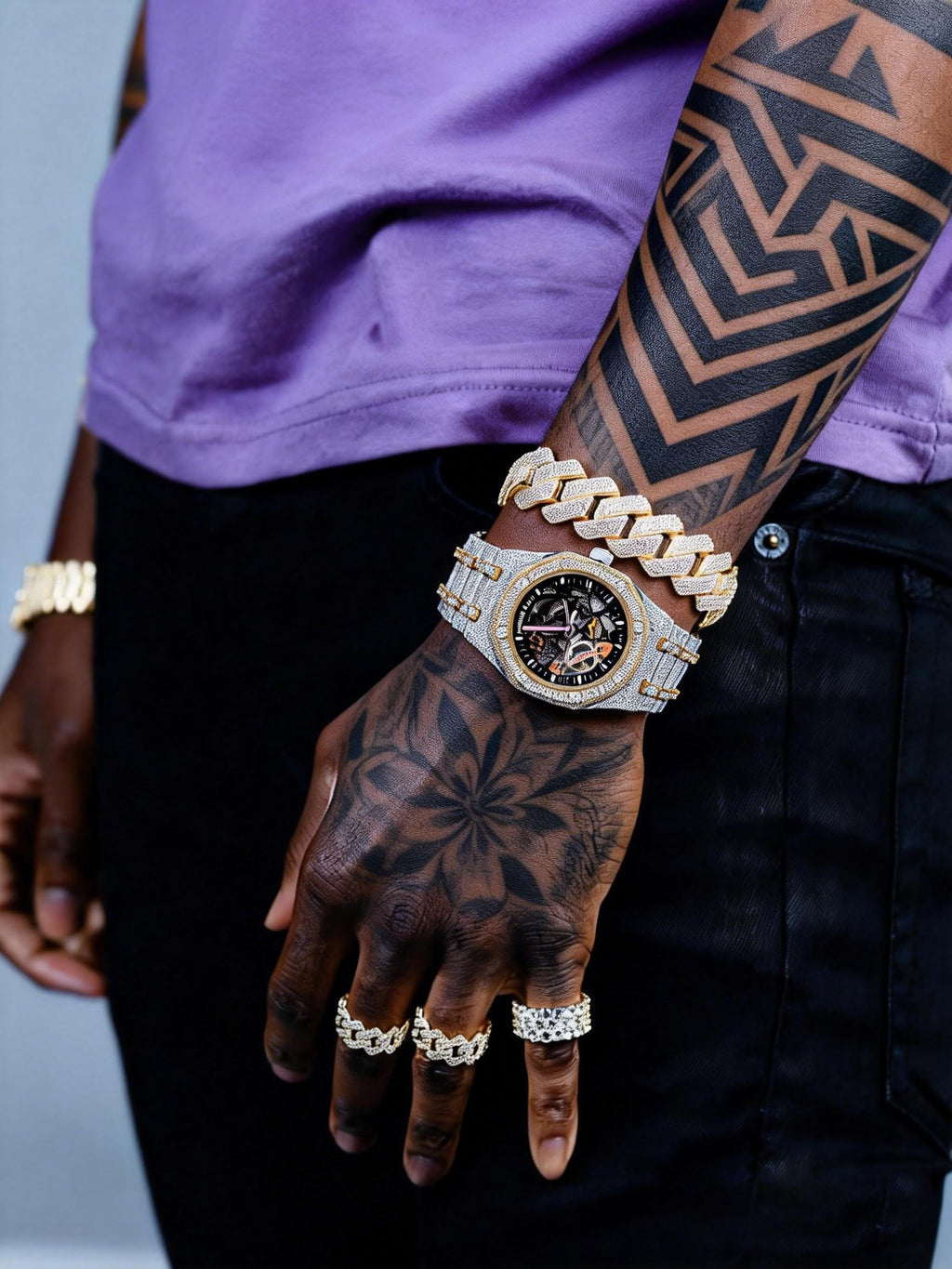 Skeleton Dial Two Tone Iced Out Moissanite Diamond Watch