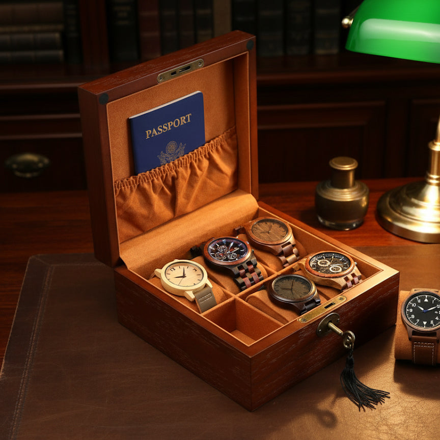 Solid Wood Watch Box Organizer with Lock & Key, Personalized Men's Jewelry Display Case with Passport Pocket
