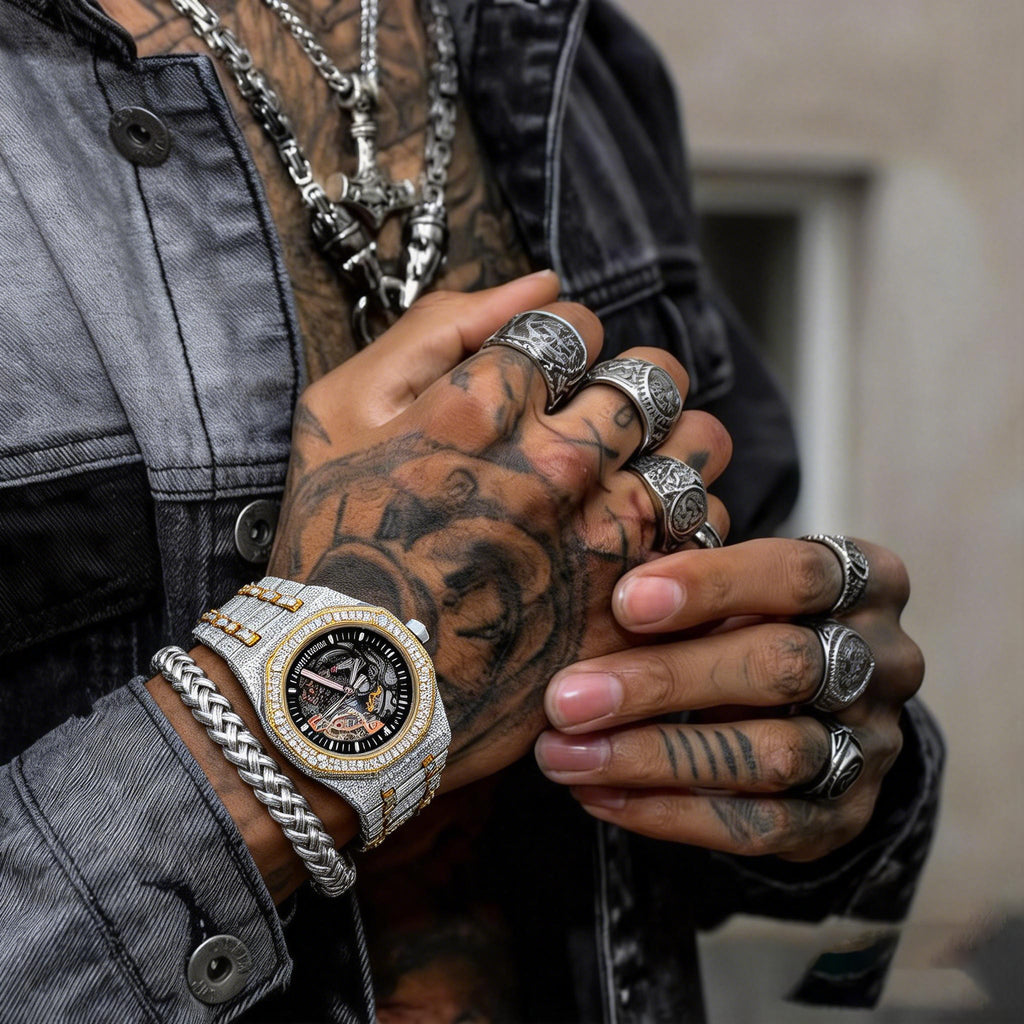 Skeleton Dial Two Tone Iced Out Moissanite Diamond Watch