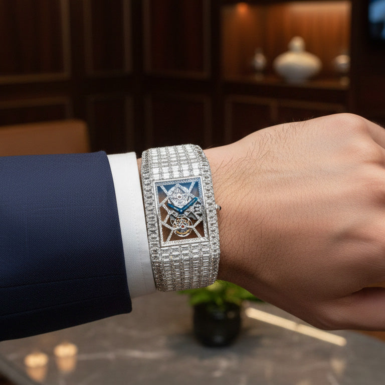 Art deco geometric rectangular Moissanite luxury mechanical watch