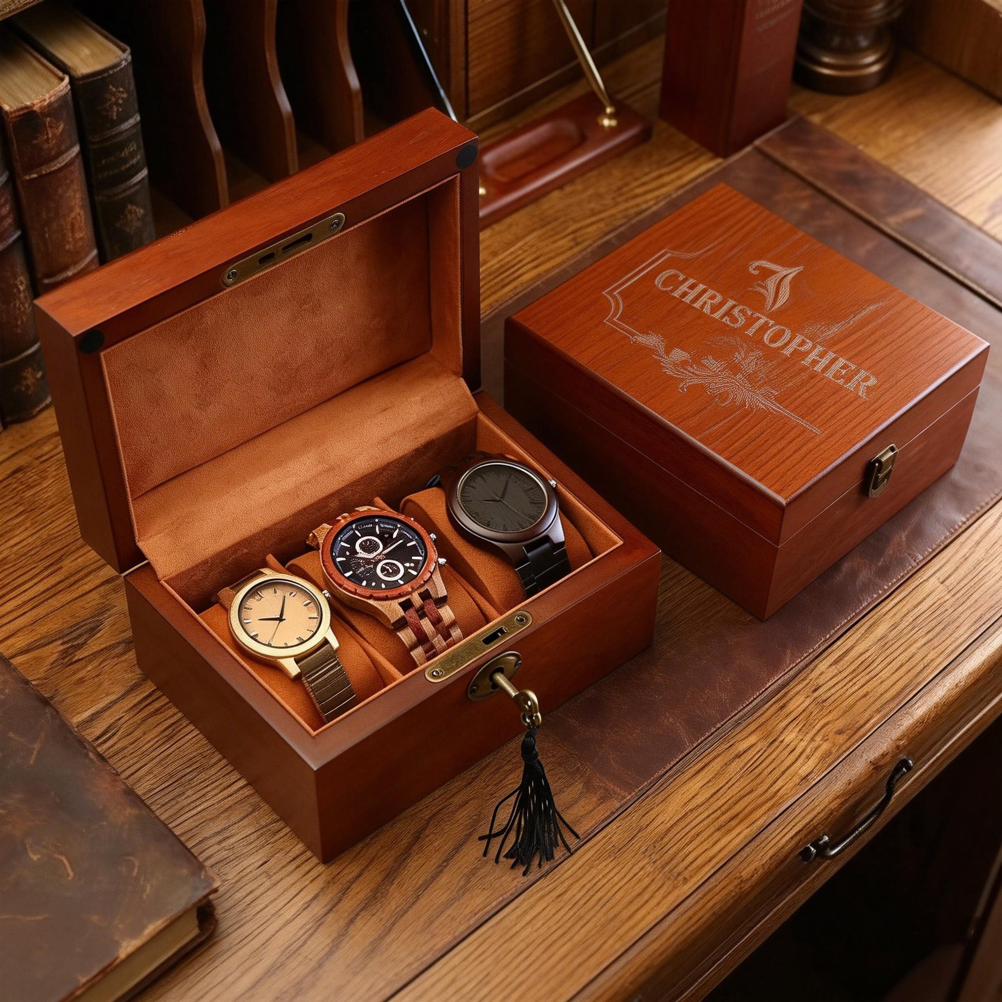 Solid Wood Watch Box Organizer with Lock & Key, Personalized Men's Jewelry Display Case with Passport Pocket
