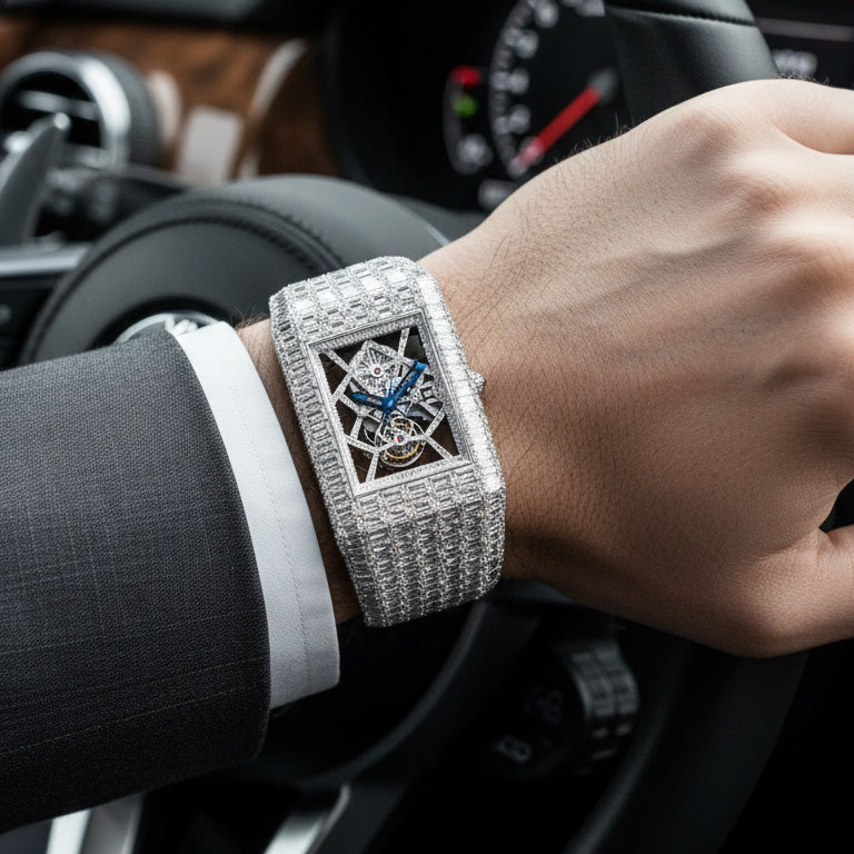 Art deco geometric rectangular Moissanite luxury mechanical watch