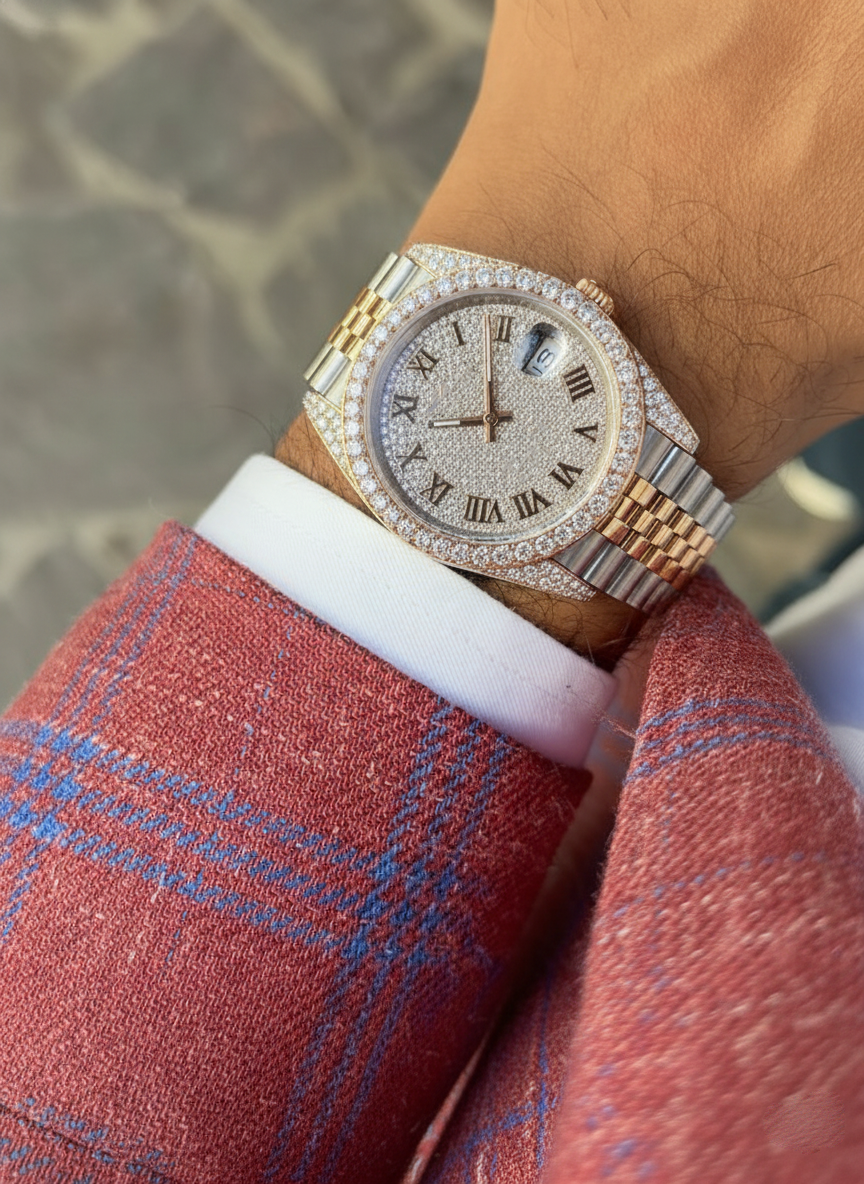 Luxury Overgild Rainbow Gemstone Bezel Chronograph Zircon Diamond Watch