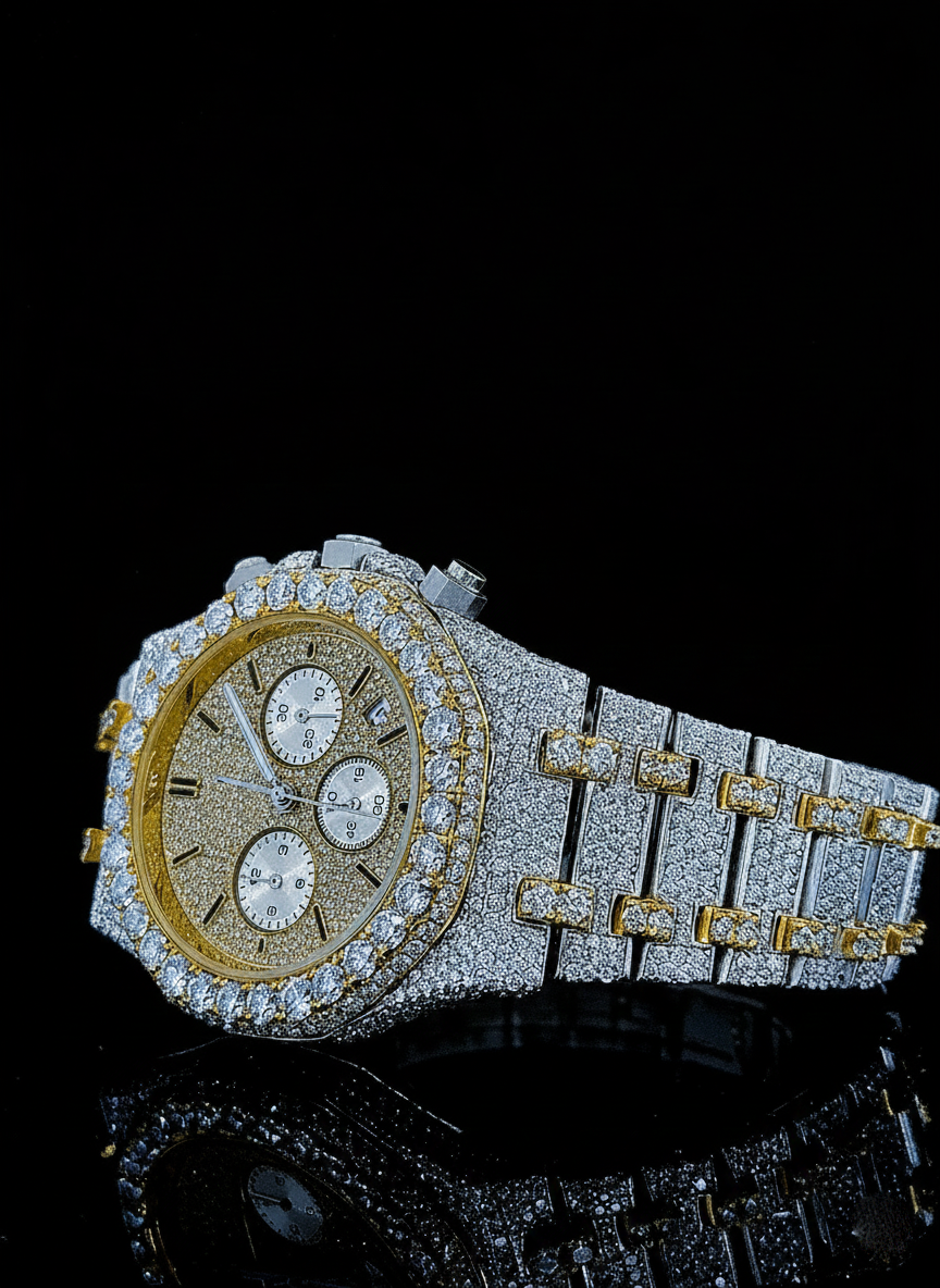 Two Tone Yellow Overgild Iced Out Chronograph Moissanite Diamond Watch