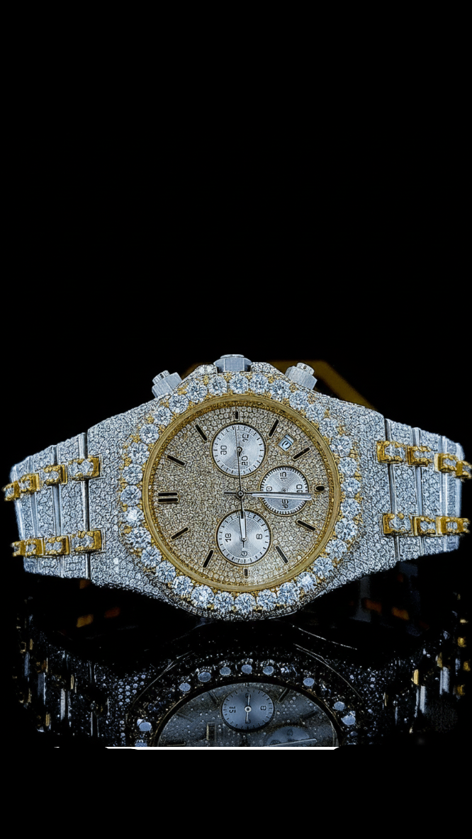 Two Tone Yellow Overgild Iced Out Chronograph Moissanite Diamond Watch