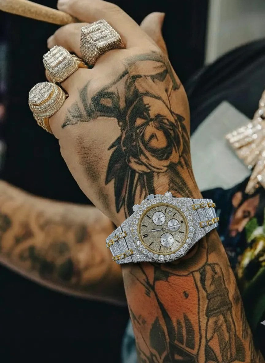 Two Tone Yellow Overgild Iced Out Chronograph Moissanite Diamond Watch