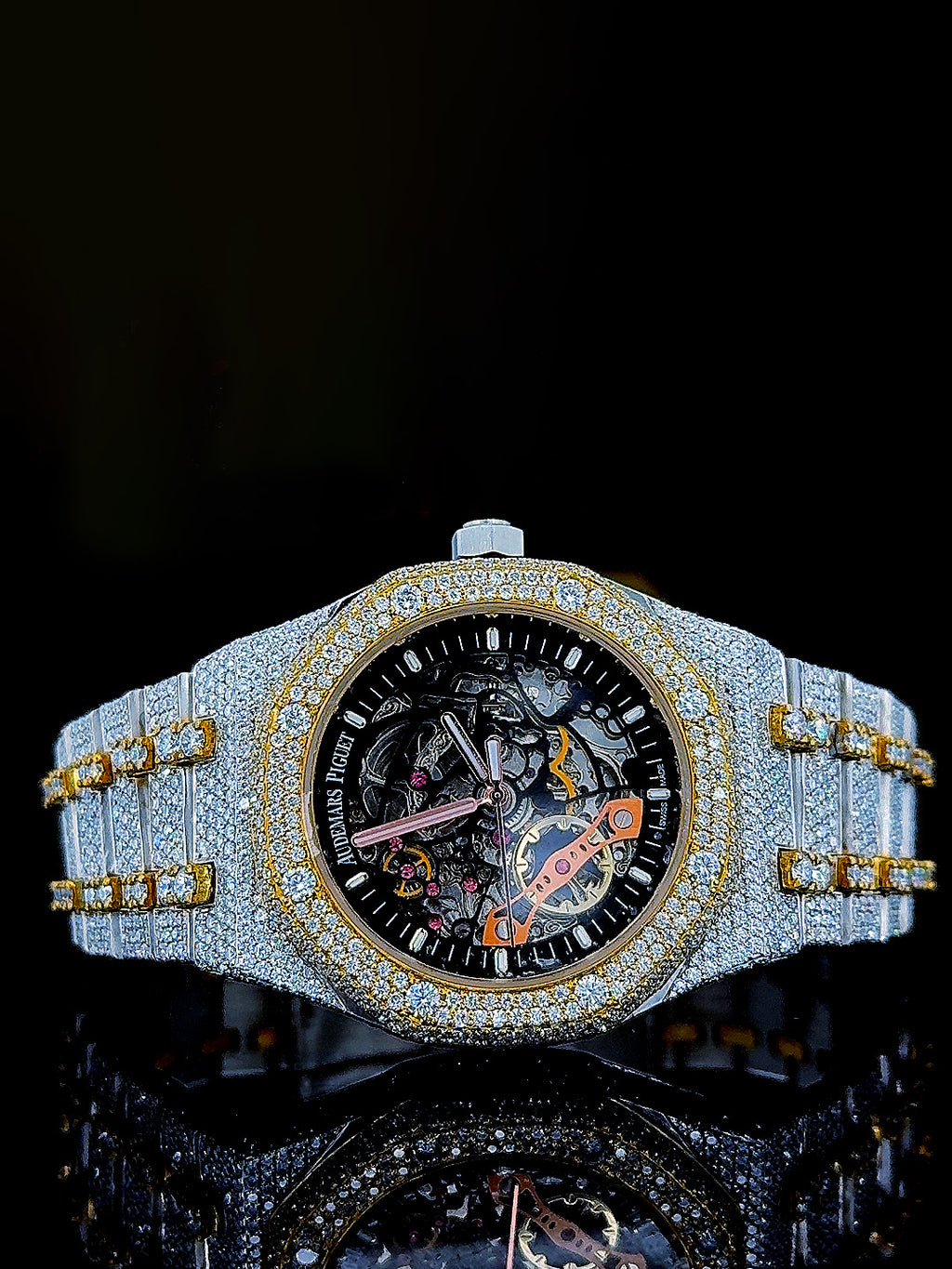 Skeleton Dial Two Tone Iced Out Moissanite Diamond Watch