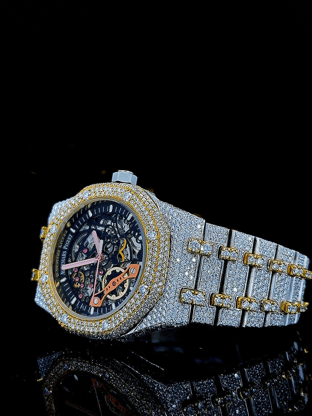 Skeleton Dial Two Tone Iced Out Moissanite Diamond Watch
