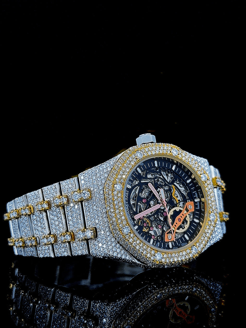 Skeleton Dial Two Tone Iced Out Moissanite Diamond Watch