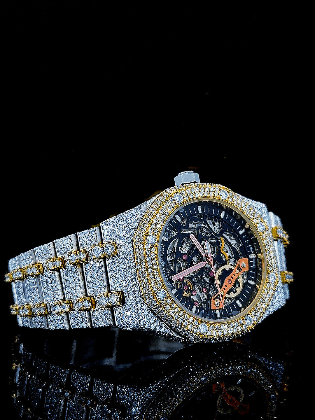 Skeleton Dial Two Tone Iced Out Moissanite Diamond Watch