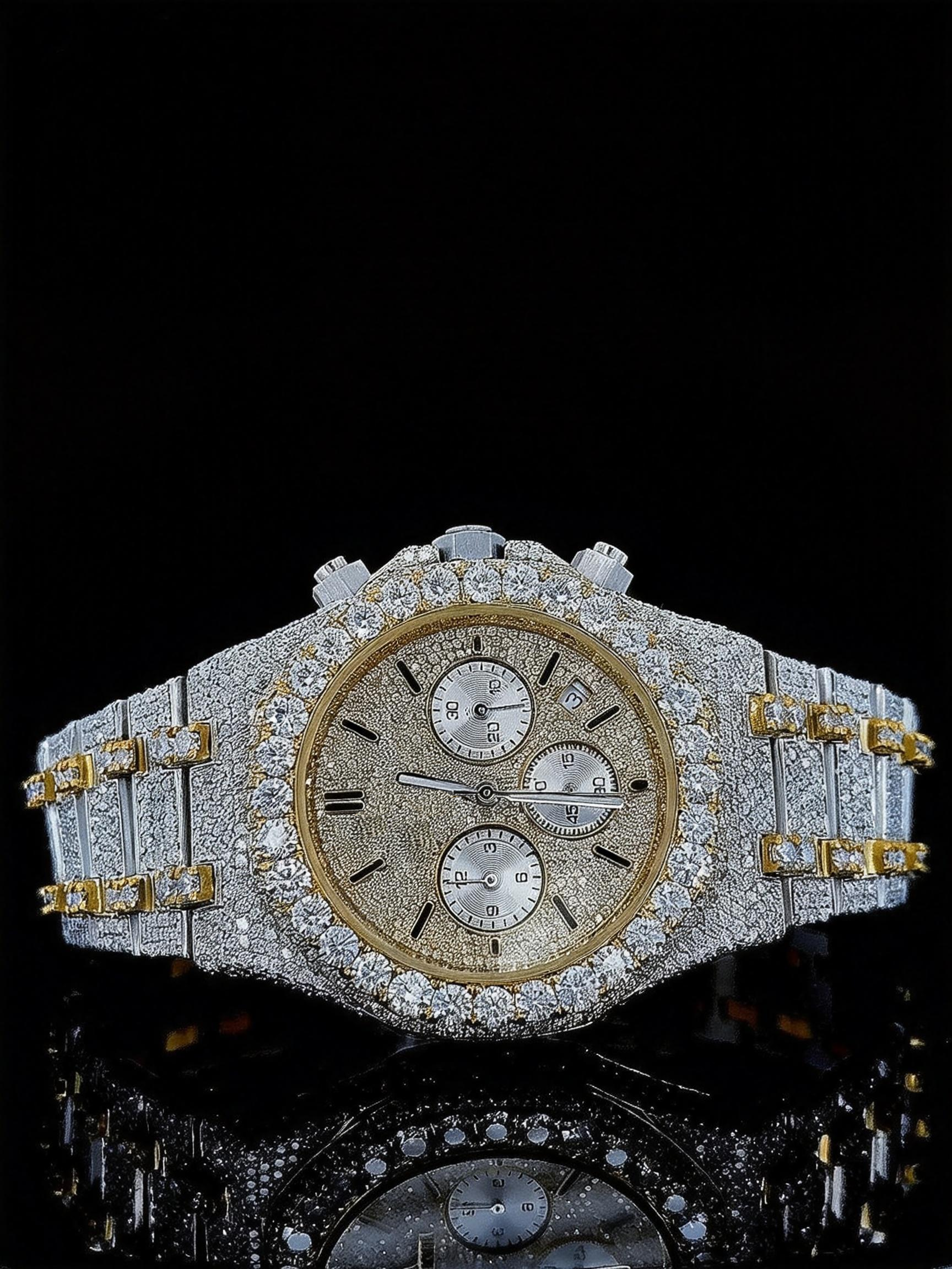 Two Tone Yellow Overgild Iced Out Chronograph Moissanite Diamond Watch