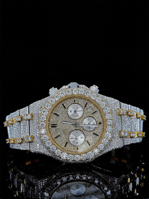Two Tone Yellow Overgild Iced Out Chronograph Zircon Diamond Watch
